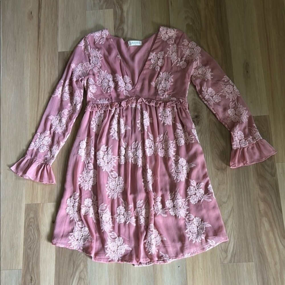 Altar'd State Pink Ruffled Smocked Dress with V-Neck
